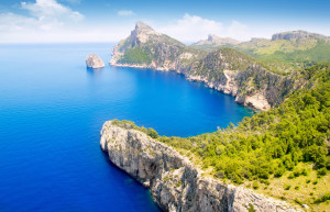 Formentor cape to Pollensa high aerial sea view in Mallorca balearic islands